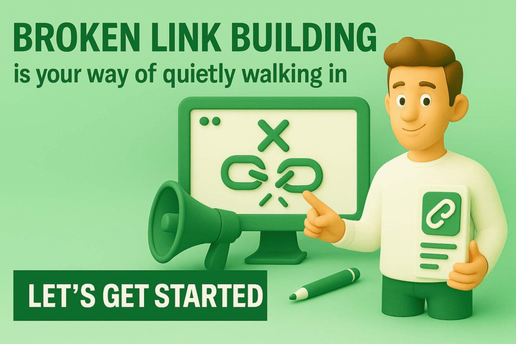 3D cartoon character explaining broken link building with SEO elements