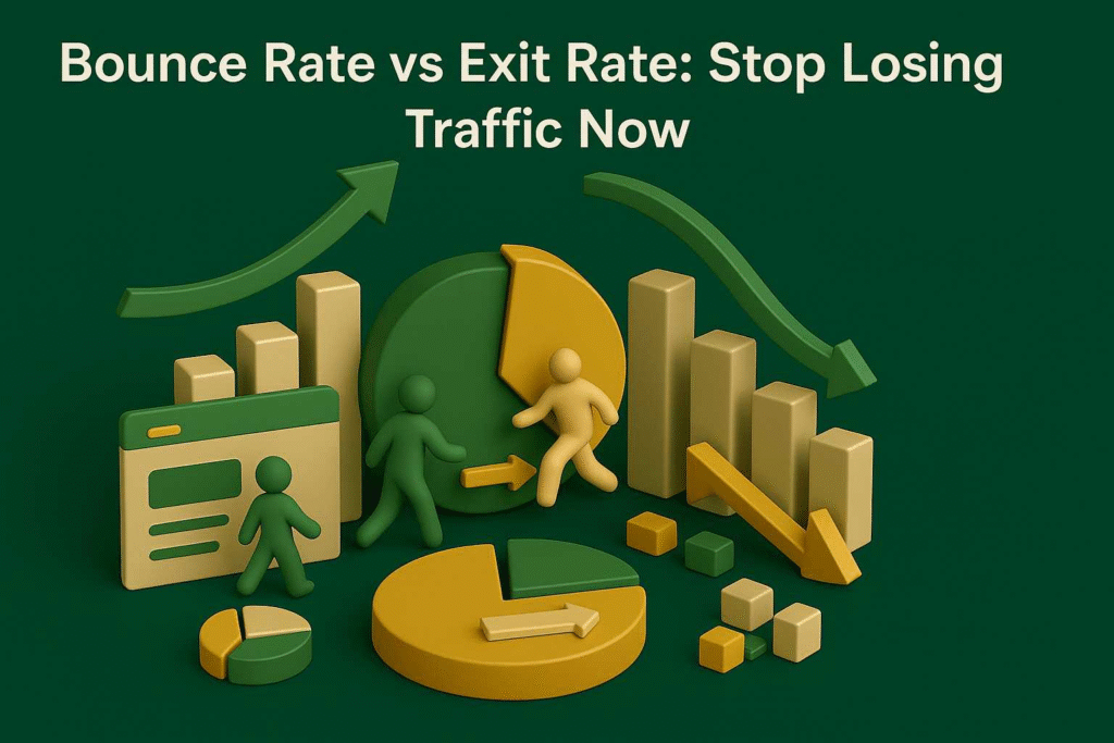 3D graphic showing bounce rate vs exit rate with charts and arrows