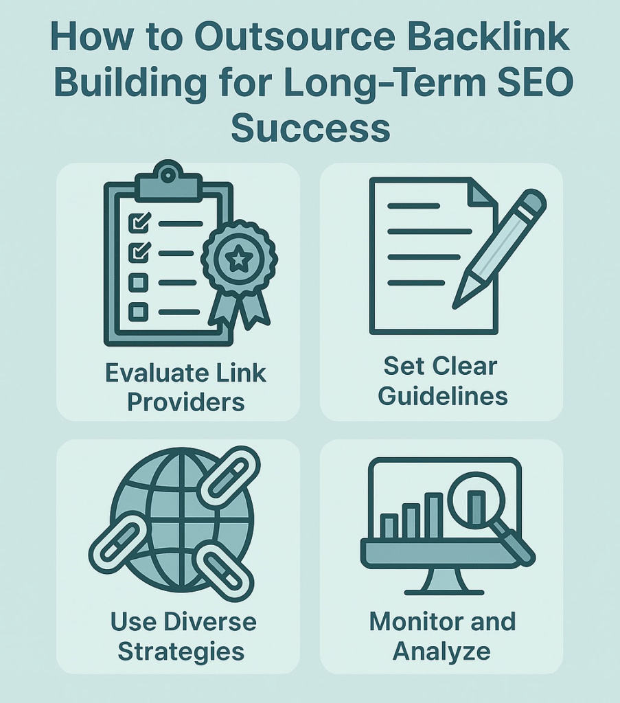 Infographic on backlink building steps: Evaluate, Set Guidelines, Use Strategies, Monitor.
