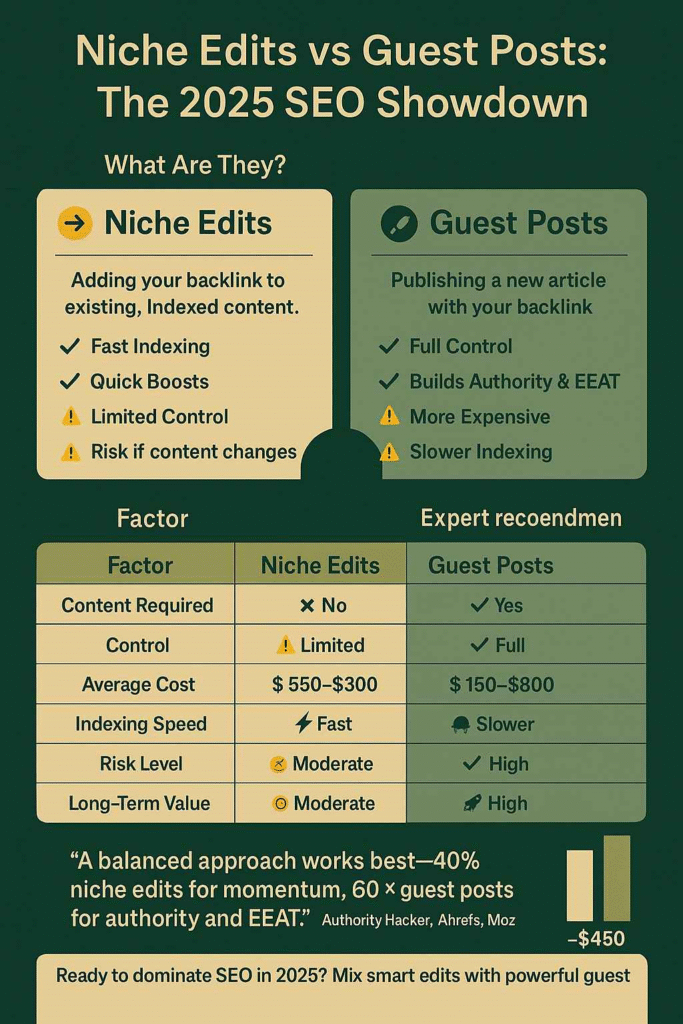 Infographic comparing niche edits and guest posts for SEO in 2025, highlighting pros, cons, costs, and expert tips.