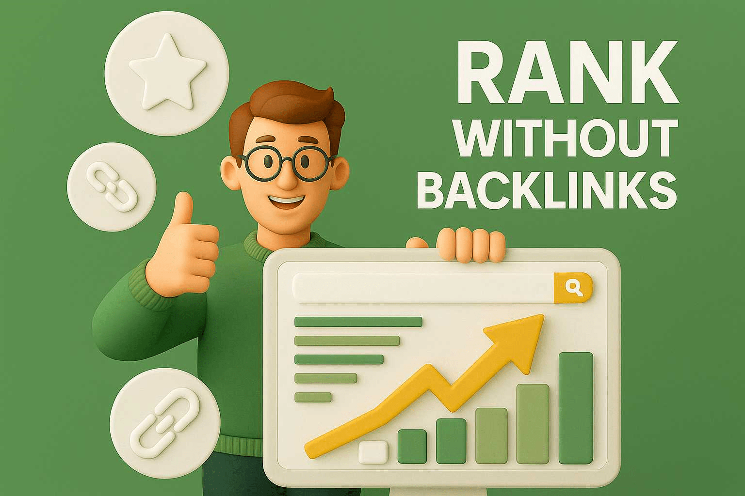 3D man with SEO graph and Rank Without Backlinks text