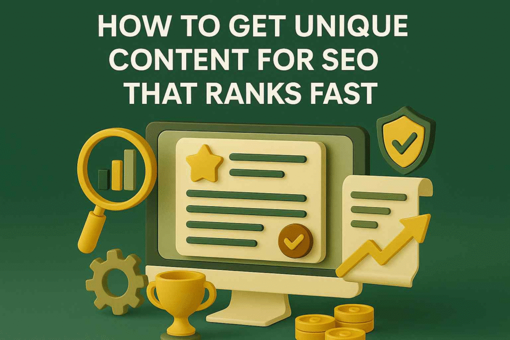 3D-style digital illustration showing SEO concepts like content creation, ranking, and optimization