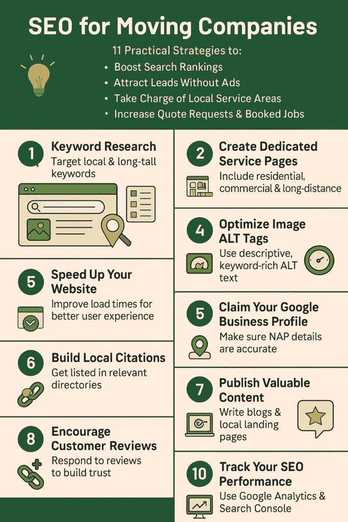 SEO for Moving Companies infographic showing 11 strategies like keyword research, local citations, service pages, Google Business optimization, and content creation.
