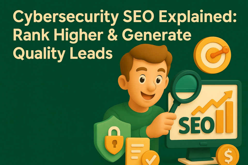 Cybersecurity SEO concept with cartoon character and digital icons.