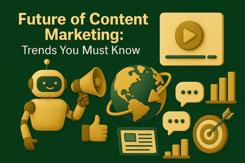 3D illustration of future content marketing trends with icons and AI robot.