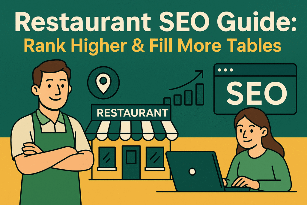 Restaurant SEO guide illustration with cartoon characters and marketing icons.